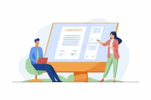 Free vector businesspeople signing contract online. partners affixing signatures to document on monitor flat vector illustration. internet, global business