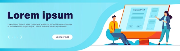 オンラインで契約に署名するビジネスマン。パートナーは、モニターのフラットなベクトル図にドキュメントに署名を添付します
