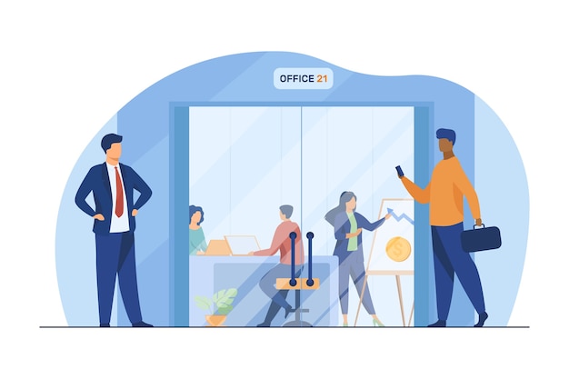 Businesspeople walking in corridor to office glass door. Employees at workplaces and presentation board flat vector illustration. Business center