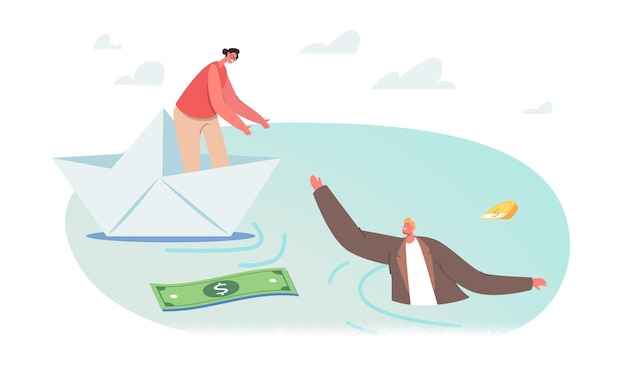 Free vector businesswoman character on paper ship giving hand to sinking businessman in water with scatter dollar banknotes and coins