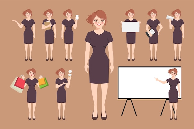 Set di posa del personaggio della donna d'affari disegno vettoriale a cartoni animati piatto