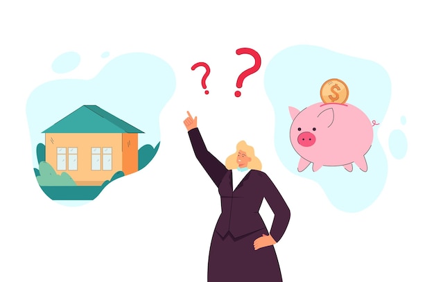 Free vector businesswoman choosing between buying house and saving money. real estate and piggybank flat vector illustration. mortgage, savings, finances, choice concept for banner, website design or landing page