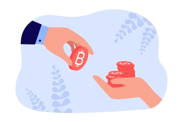 Free vector businesswoman giving bitcoin to hand holding out dollar coins. investment of person in cryptocurrency flat vector illustration. digital money concept for banner, website design or landing web page