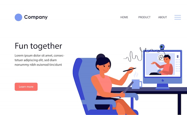 Vettore gratuito imprenditrice con conferenza online con partner o collega. modello di sito web o pagina di destinazione
