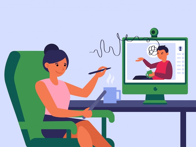 Businesswoman having online conference with partner or colleague