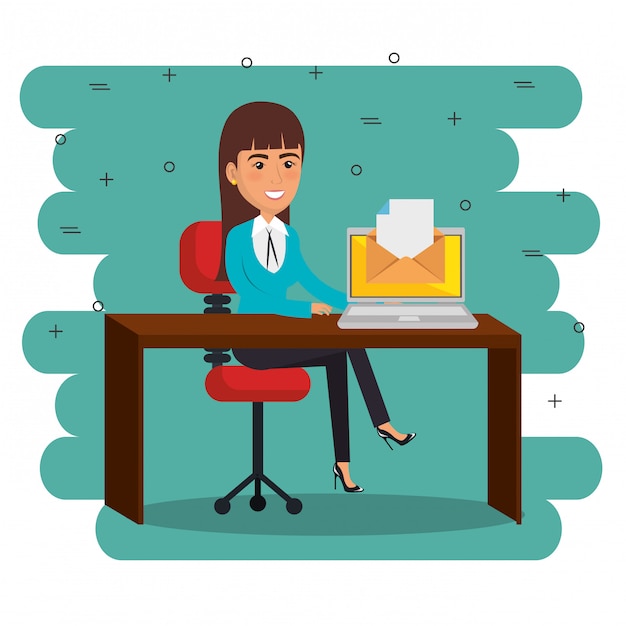 Бесплатное векторное изображение Предприниматель в офисе с иконками маркетинга электронной почты