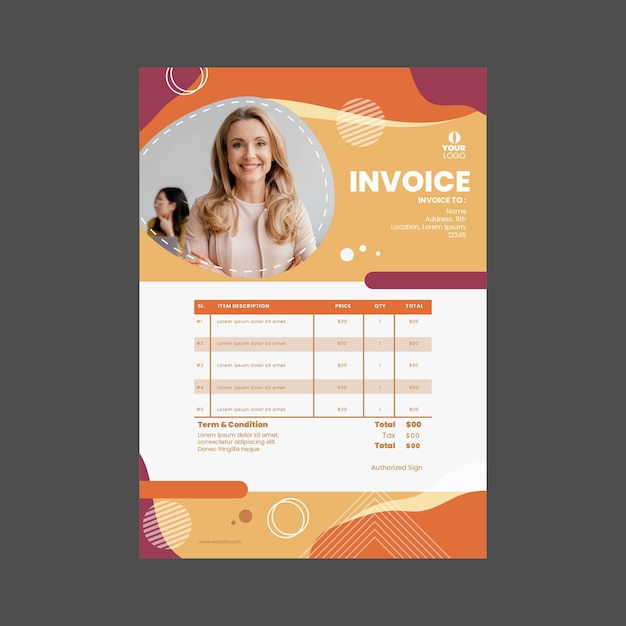 Free vector businesswoman invoice template with photo