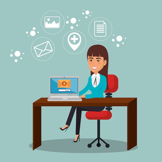 businesswoman in the office with e-mail marketing icons