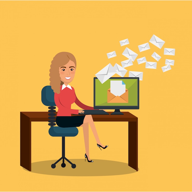 Free Vector businesswoman in the office with e-mail marketing icons