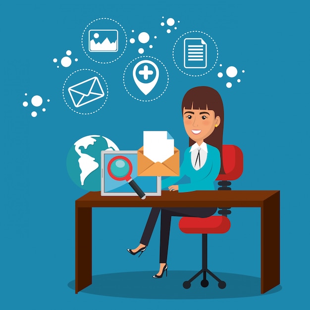 Free vector businesswoman in the office with e-mail marketing icons