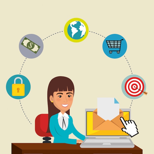 Free vector businesswoman in the office with e-mail marketing icons