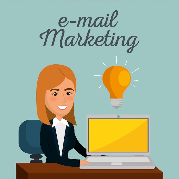 Vettore gratuito imprenditrice in ufficio con icone di marketing e-mail