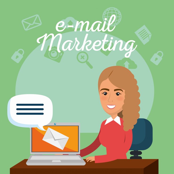 Free Vector businesswoman in the office with e-mail marketing icons
