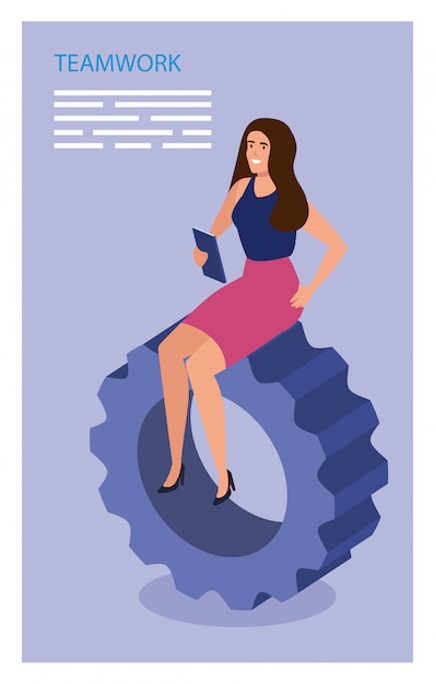 Free vector businesswoman sitting in gear pinion