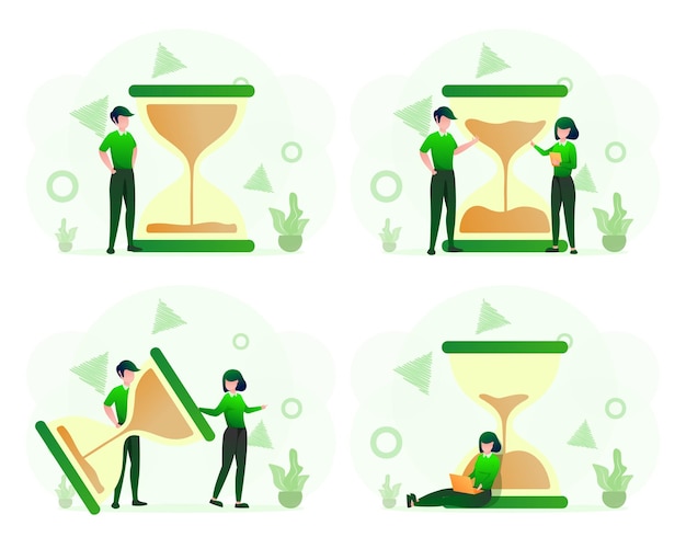 Free vector businesswoman sitting on an hourglass and working on laptop productivity and time management concept