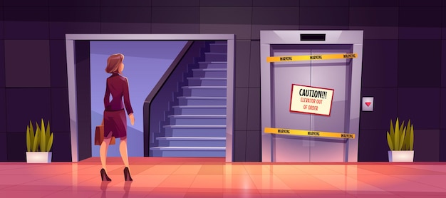 Free vector businesswoman stand near ladder and broken lift