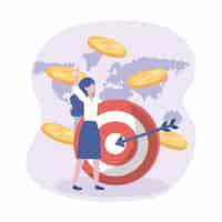 Free vector businesswoman and target with arrow and coins with global map