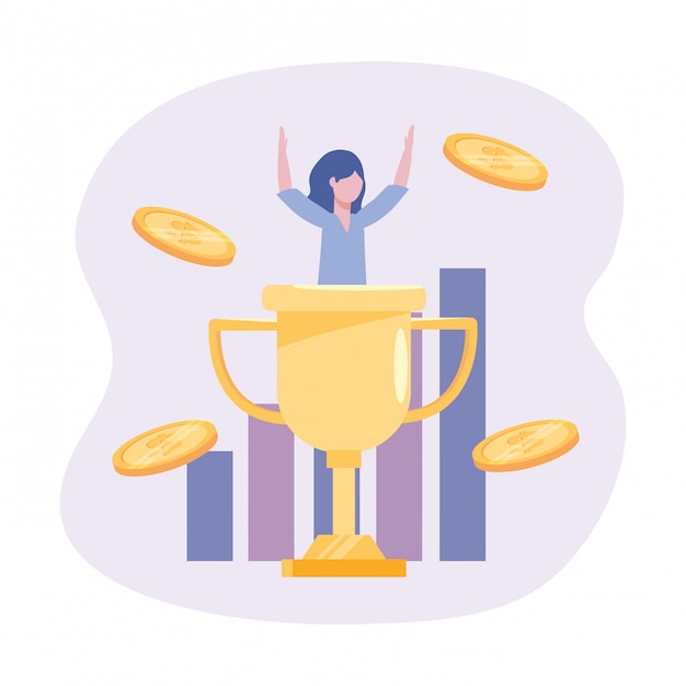 Businesswoman with cup prize and statistics bar with coins