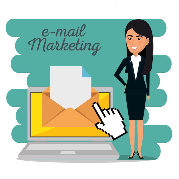 Imprenditrice con icone di marketing e-mail