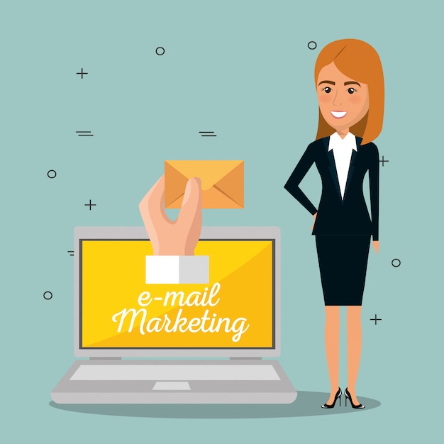 businesswoman with e-mail marketing icons