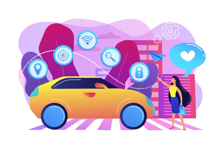 Free Vector businesswoman with heart likes using autonomos car with technology icons. autonomous car, self-driving car, driverless robotic vehicle concept. bright vibrant violet  isolated illustration