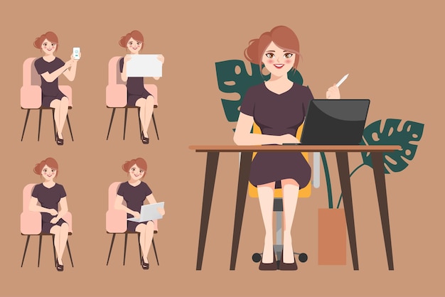 Бесплатное векторное изображение Деловая женщина, работающая в офисе, набор персонажей персонажи мультфильмов плоский дизайн
