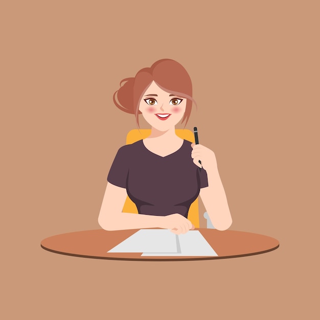 Free vector businesswoman working and writing document paper character people cartoon flat design