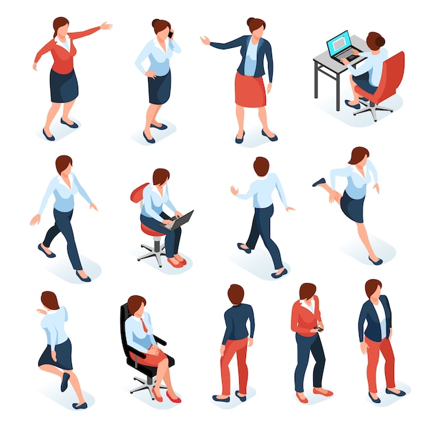 Free vector businesswomen isometric colored set of female characters in different poses at work place isolated on white background