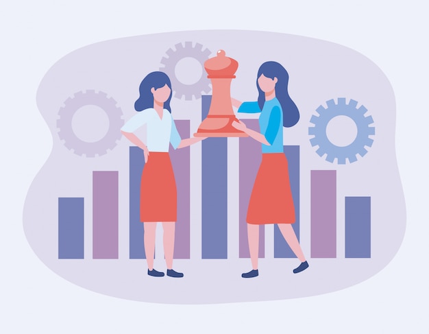 Free vector businesswomen with queen chess and statistics bar with gears