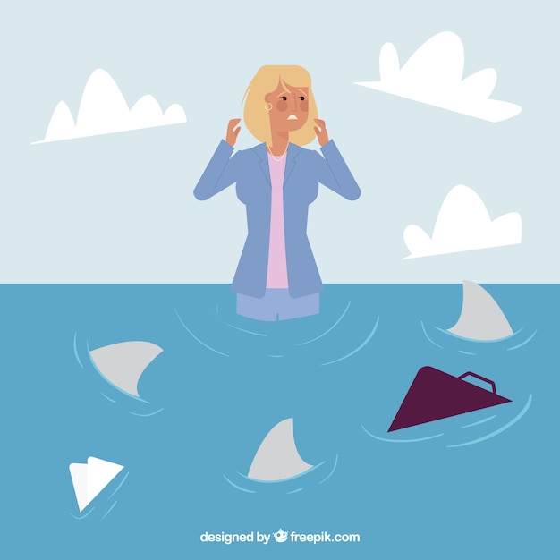 Free vector busineswoman character surrounded of sharks