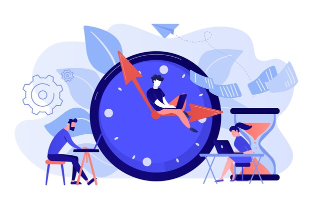 Free vector busy business people with laptops hurry up to complete tasks at huge clock and hourglass. deadline, project time limit, task due dates concept illustration