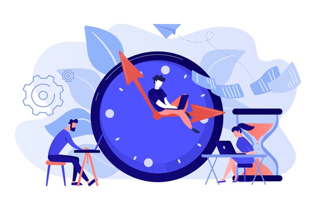 busy business people with laptops hurry up to complete tasks at huge clock and hourglass. deadline, project time limit, task due dates concept illustration