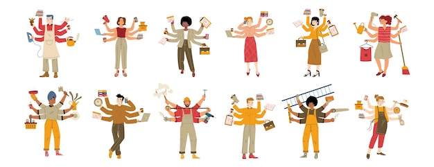 Free vector busy multitasking characters diverse people work