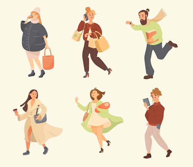 Free vector busy people in hurry cartoon illustration set. man and women rushing to work, student in headphones with phone going to university, mother with newborn baby running to hospital. occupation concept