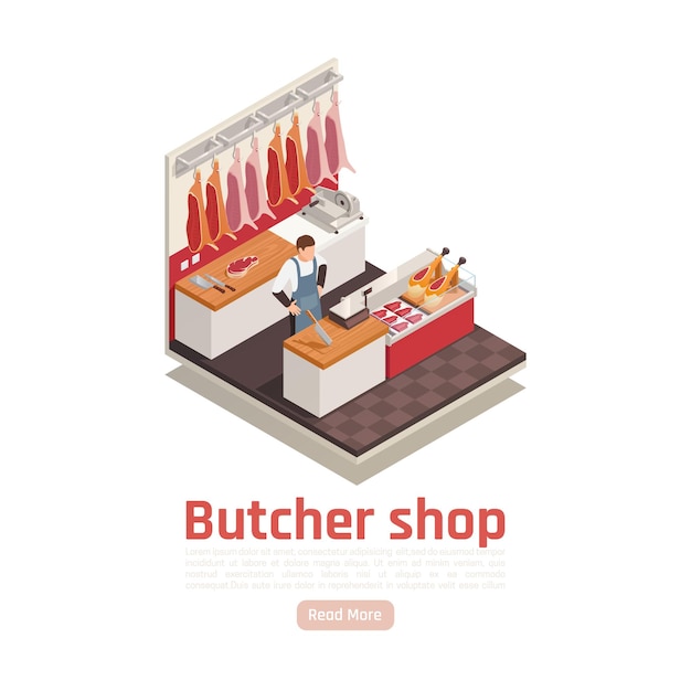 Butcher shop isometric composition with hanging meat display steaks sliced beef scale ham on counter