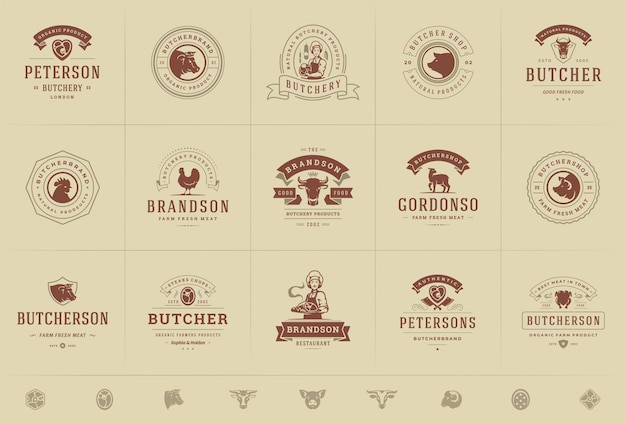 Логотипы мясного магазина установили иллюстрацию вектора хорошую для значков фермы или ресторана с животными и силуэтами мяса