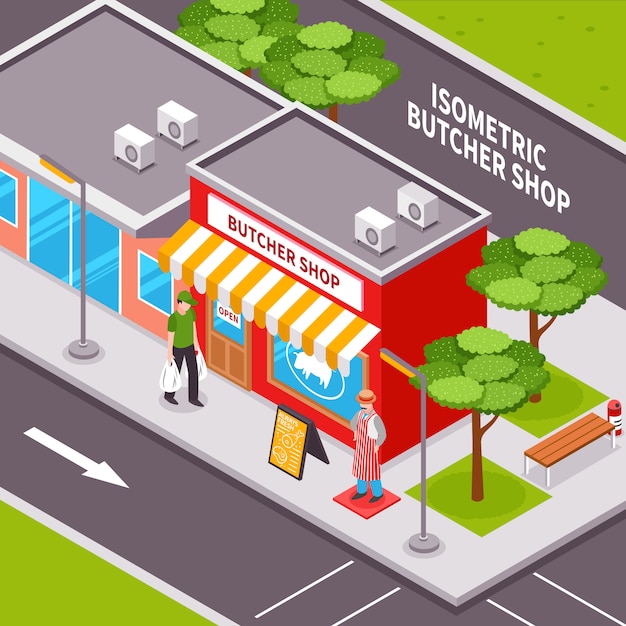 Vettore gratuito butcher shop outside isometric design