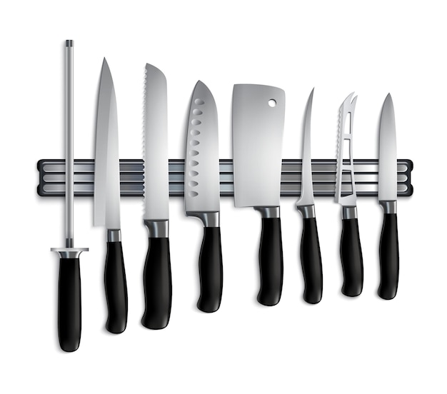 Butchers knives set on magnetic holder realistic illustration