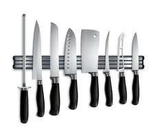 butchers knives set on magnetic holder realistic illustration