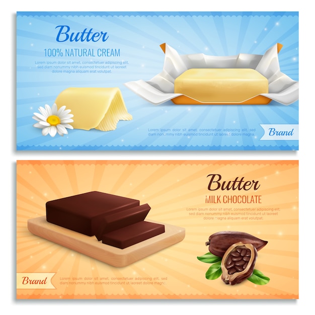 Free vector butter realistic banners as mockup for advertising brand produce milk chocolate and natural cream butter