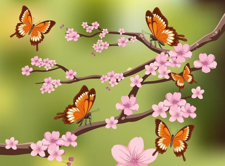 Free Vector butterflies on cherry blossom branch vector illustration