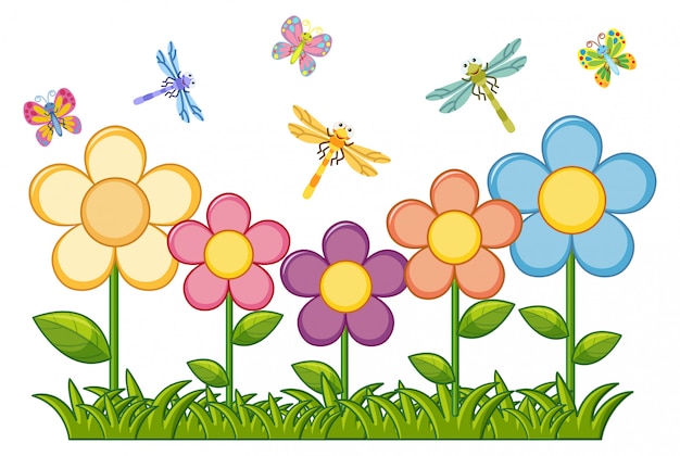 Бабочки и стрекозы в цветочном саду