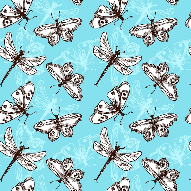 Butterflies and dragonflies insects blue sketch seamless pattern vector illustration