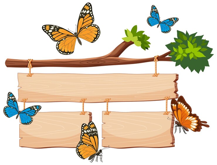 Free Vector butterflies on wooden signs with branch and leaves