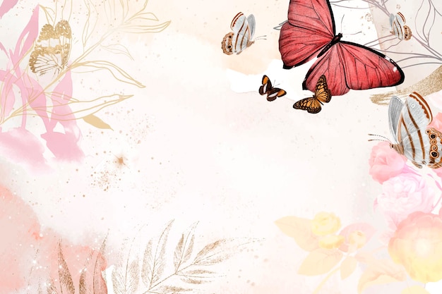 꽃 벡터와 나비 배경 미적 테두리, 빈티지 공용 도메인 이미지에서 리믹스