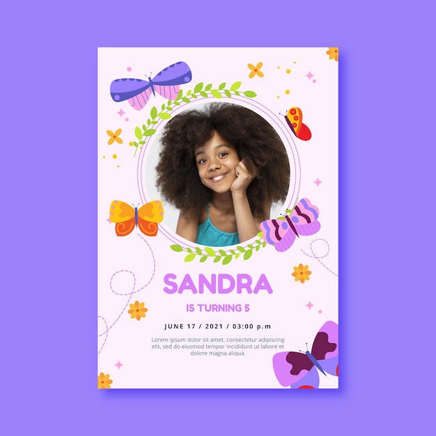 Free vector butterfly birthday invitation template with photo