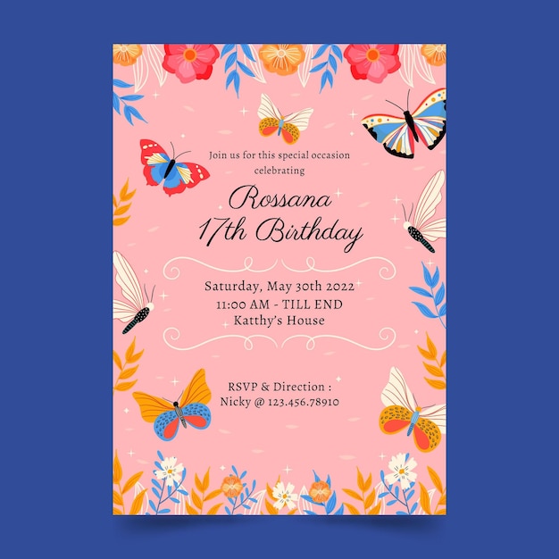 Free vector butterfly birthday invitation template