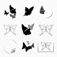 butterfly logo badge, black aesthetic vector flat design set