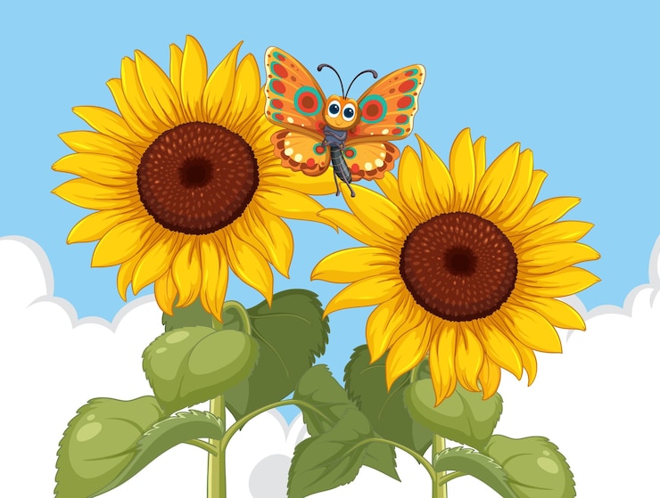 Free Vector butterfly on sunflowers under blue sky