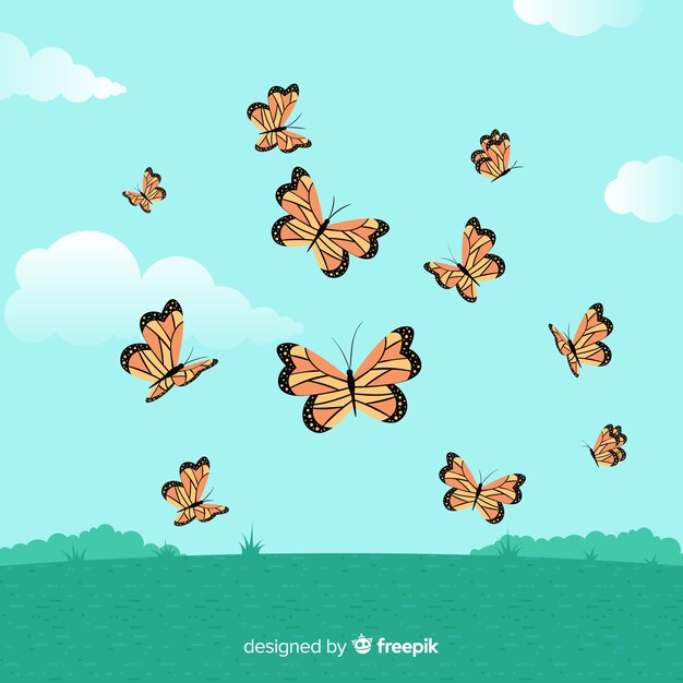 Butterfly swarm flying background